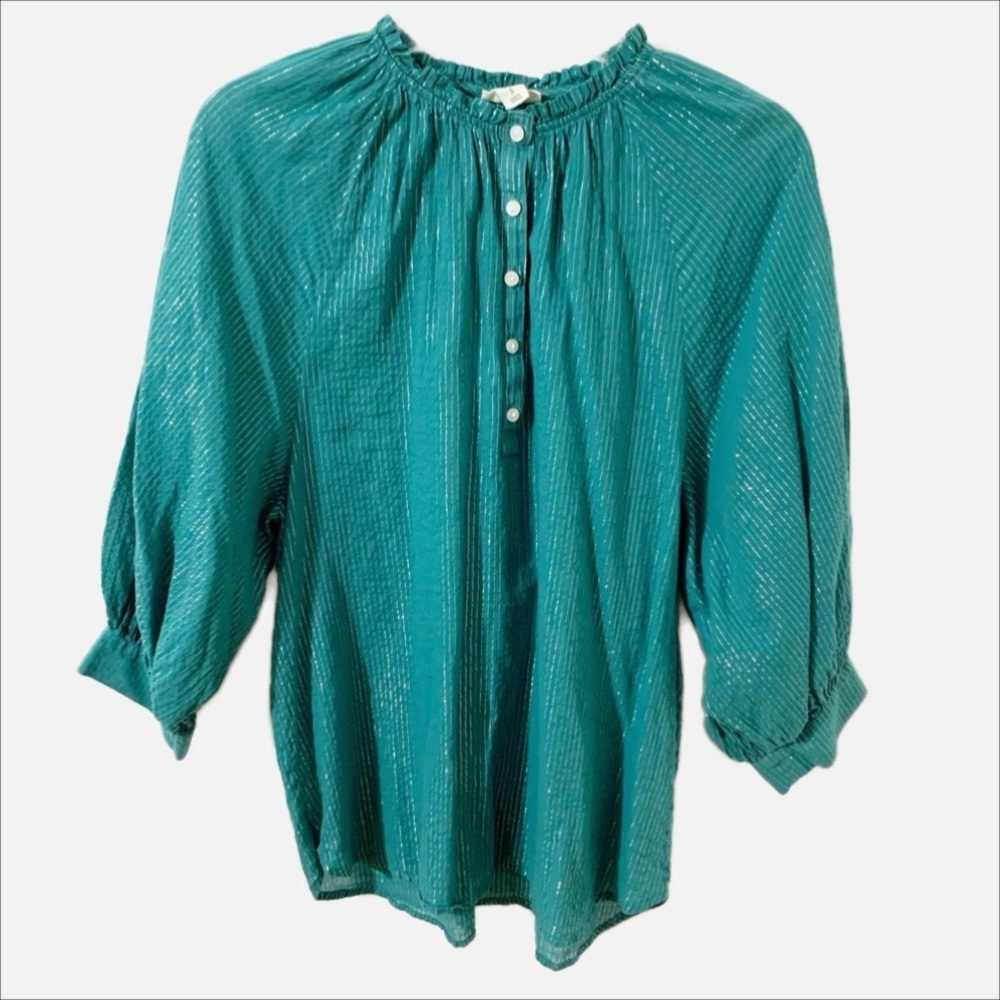 a.n.a Partial Button Front Batwing Sleeves with Cuff  Crew Neck Metallic Striped